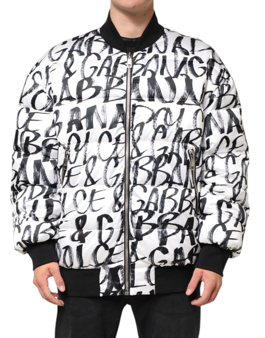 Dolce & Gabbana hvit svart graffiti-logo puffer bomberjakke