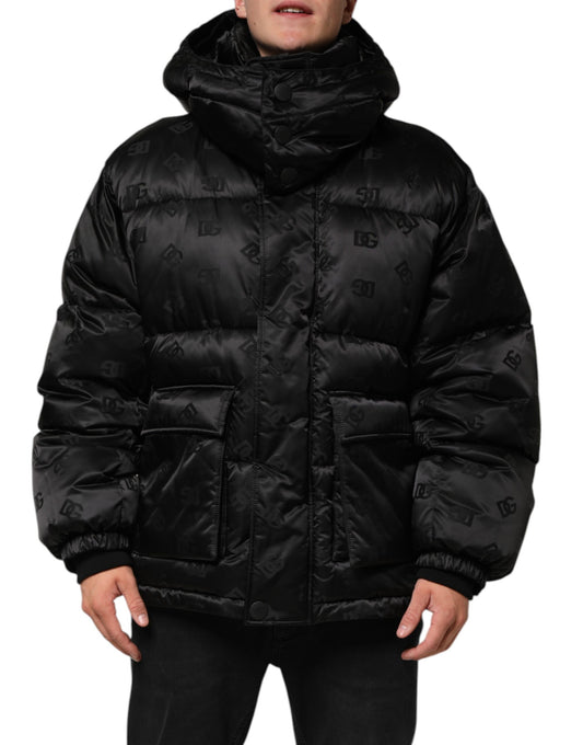 Dolce & Gabbana svart monogram-logo puffer nylon hettejakke
