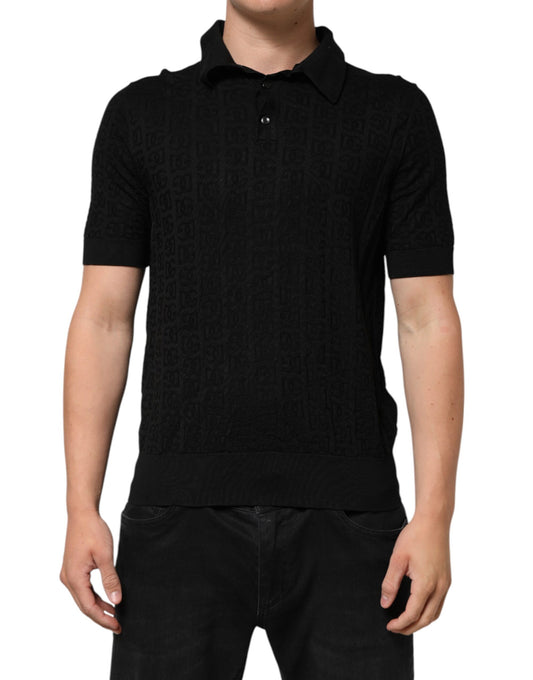Dolce & Gabbana Svart Sidenjacquard DG Pikétröja T-shirt