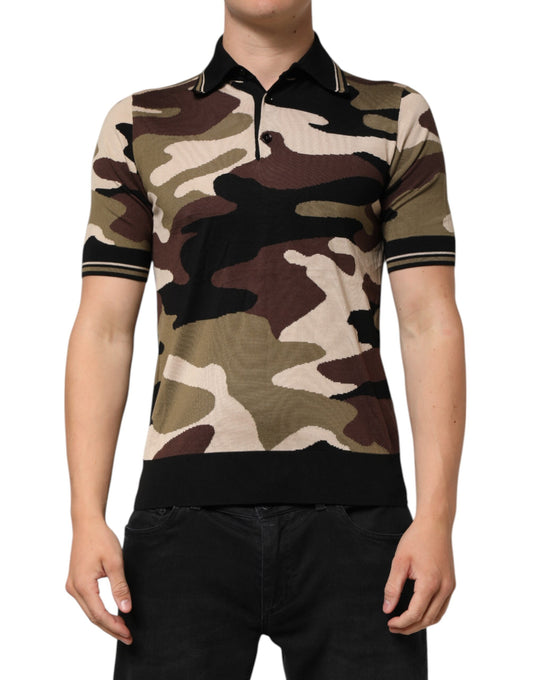 Dolce & Gabbana Kamouflage Brun Siden Militärpolo T-shirt