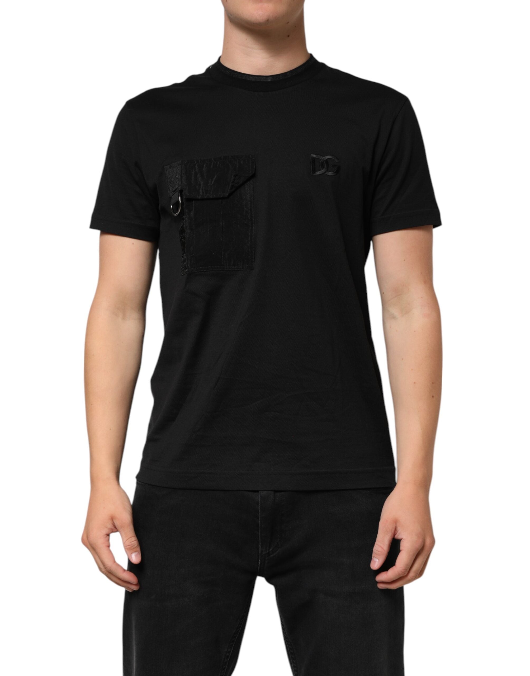 Svart bomulls-T-skjorte med brodert DG-logo og lomme