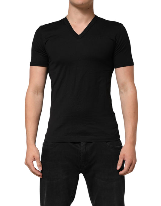 Dolce & Gabbana Black Cotton Plain V-Neck Men Shirt T-shirt