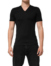 Dolce & Gabbana Black Cotton Plain V-Neck Men Shirt T-shirt