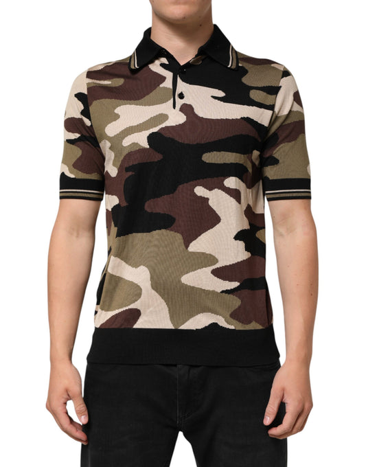 Dolce & Gabbana Kamouflage Brun Siden Militär Polotröja
