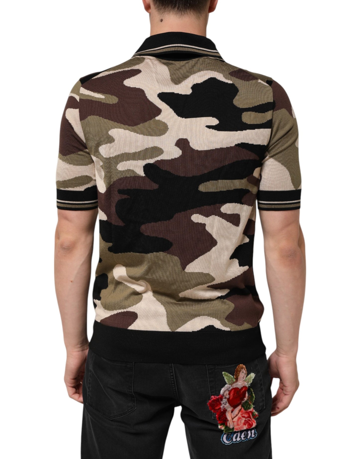 Dolce & Gabbana Kamouflage Brun Siden Militär Polotröja