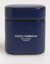 Dolce & Gabbana Blue Leather Logo Print Flip Holder Men Airpods Case