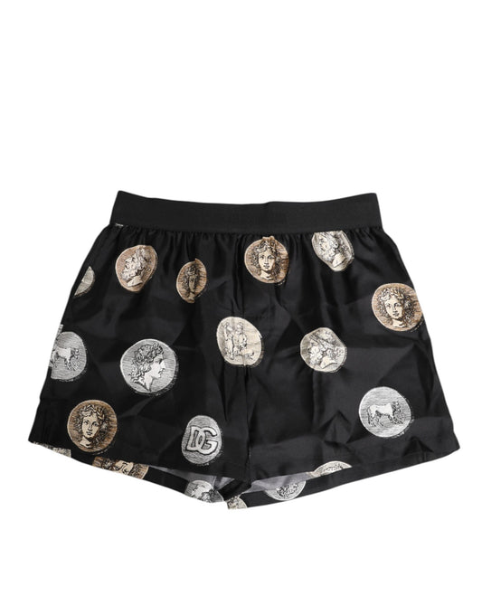 Dolce & Gabbana Svarta Siden Ancient Coin Print Boxershorts Badkläder