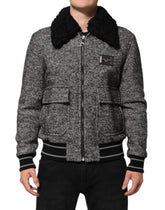 Dolce & Gabbana Gray Wool Herringbone Shearling Collar Bomber Jacket