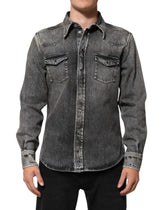 Dolce & Gabbana Black Washed Cotton Snap Long Sleeve Casual Shirt