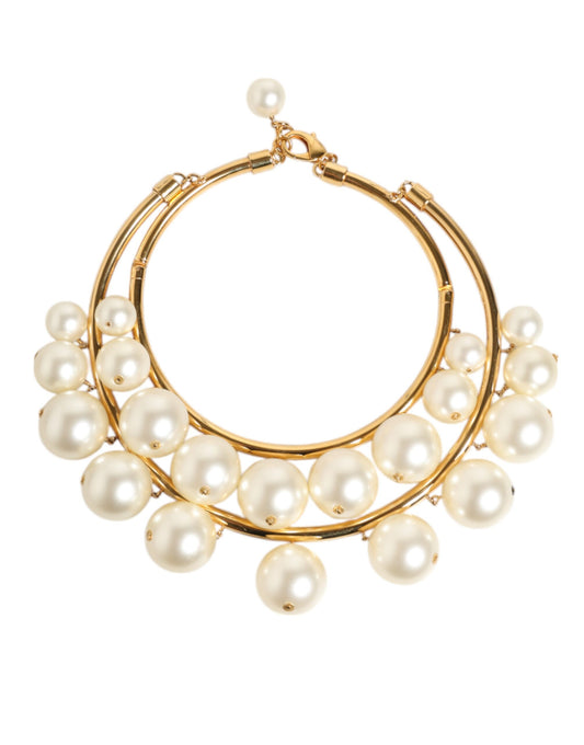 Dolce & Gabbana Gold Brass Faux Pearl Crystal Statement Luxury Jewelry Necklace