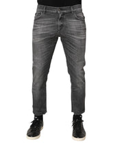 Dolce & Gabbana Grå Bomullsdenim Slim Fit Slitna Byxor Jeans