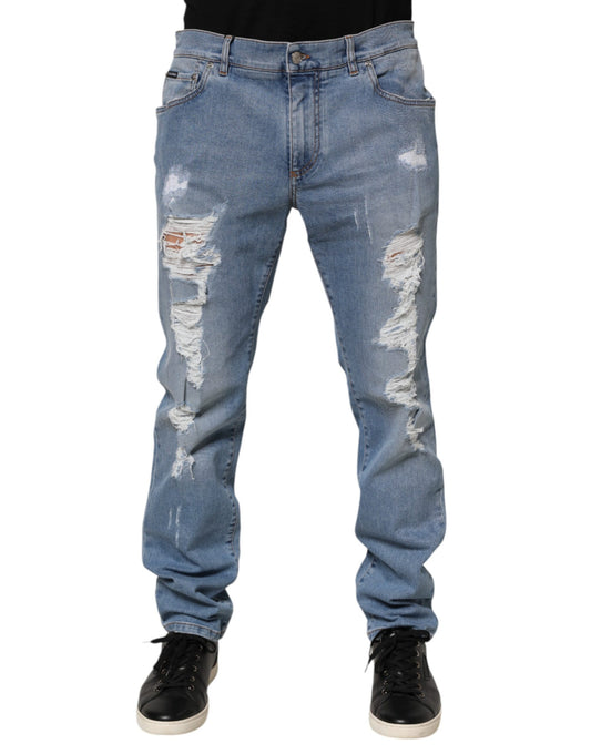 Dolce & Gabbana Blå Slitna Slim Fit Bomullsdenimjeans