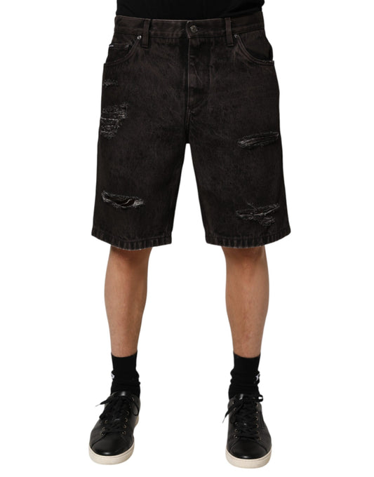 Dolce & Gabbana Svarta Bomulls-Slitna Denim Herrbermudashorts