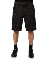 Dolce & Gabbana Svarta Bomulls-Slitna Denim Herrbermudashorts