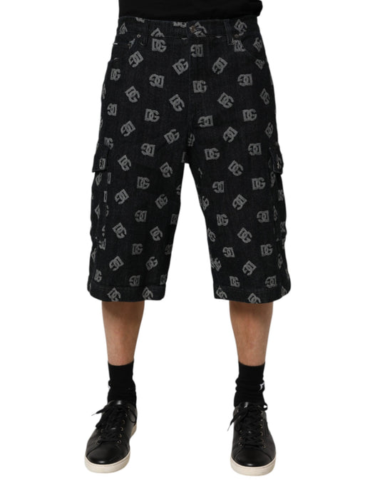 Dolce & Gabbana Svarta Monogram Denim Cargo Herr Bermudashorts
