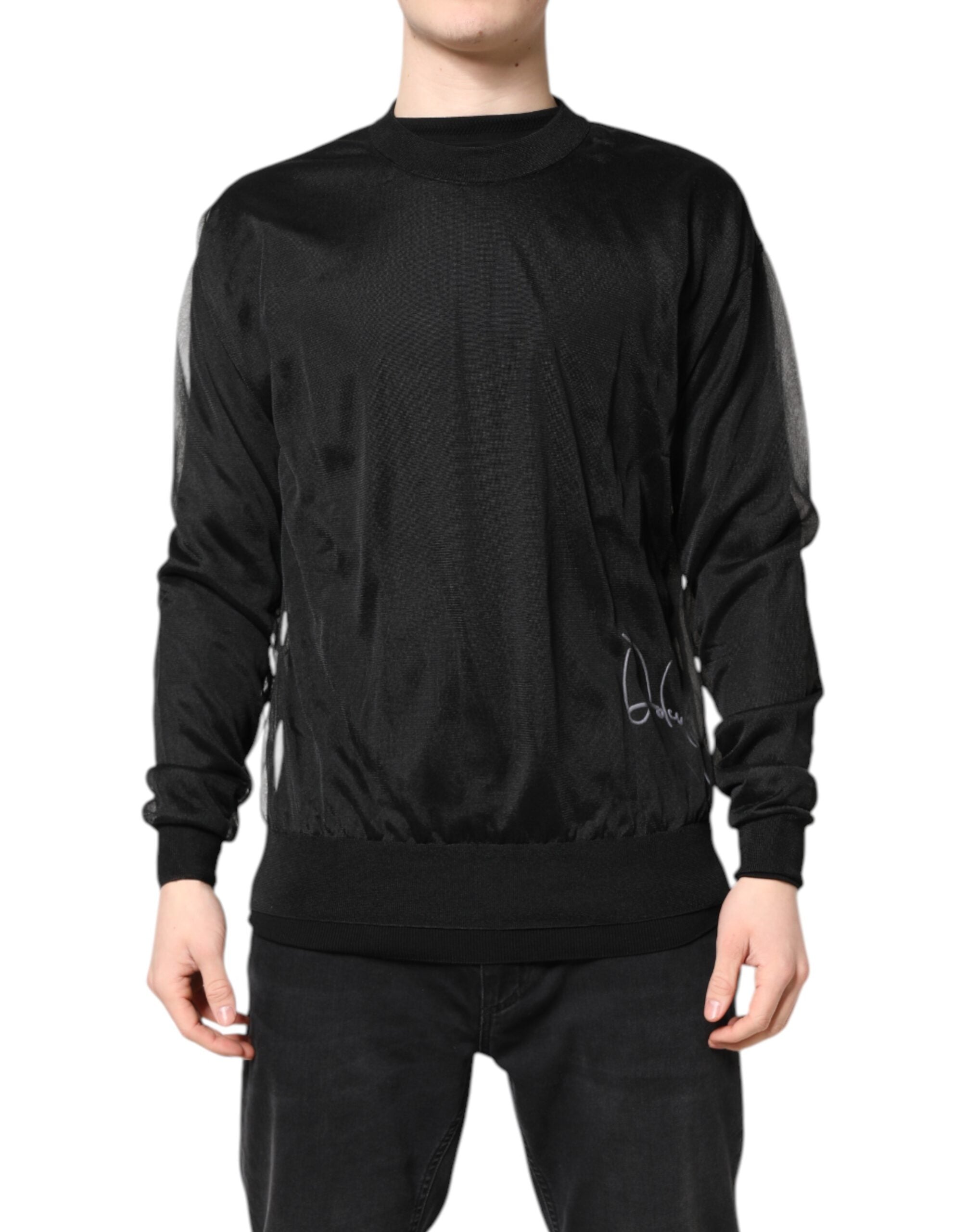 Svart logo polyester genser med rund hals