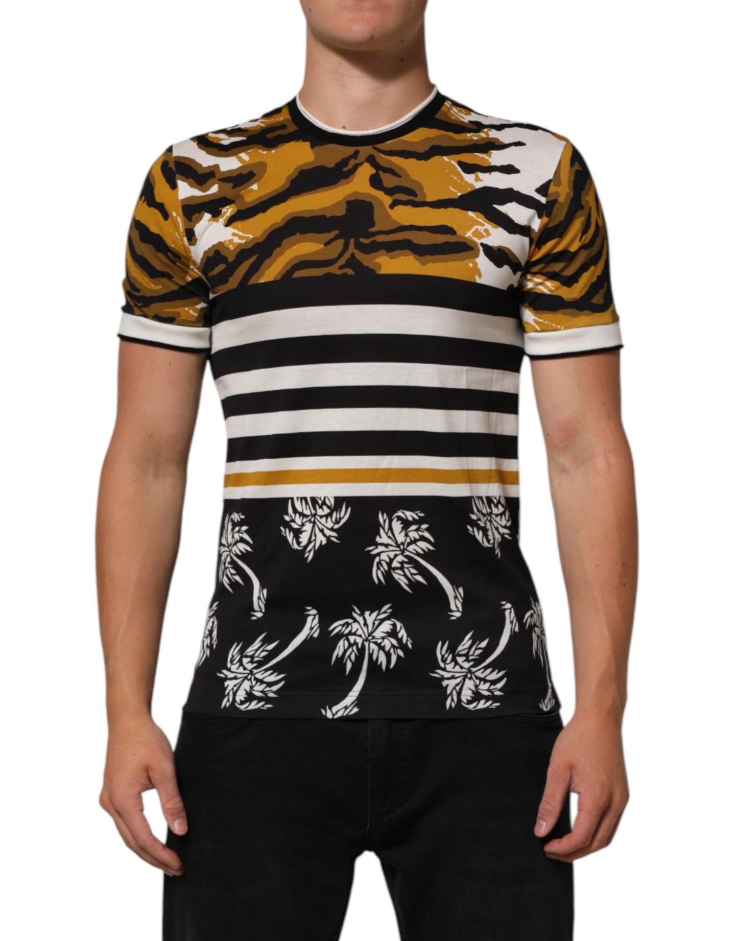 Dolce & Gabbana Flerfärgad Leopard Palm Leaf Herr T-shirt med rund hals