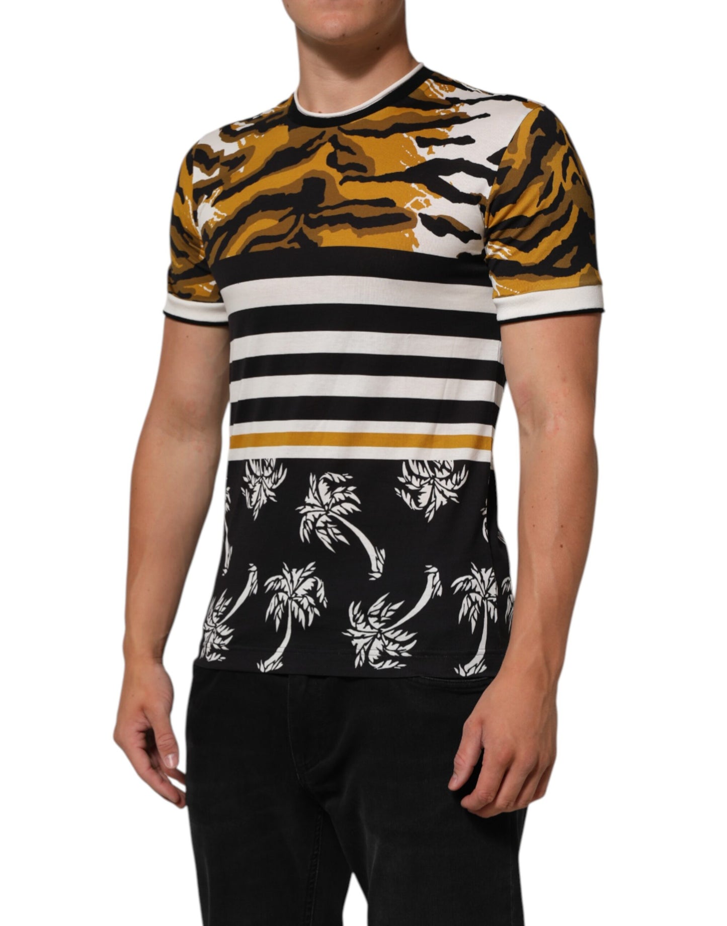 Dolce & Gabbana Flerfärgad Leopard Palm Leaf Herr T-shirt med rund hals