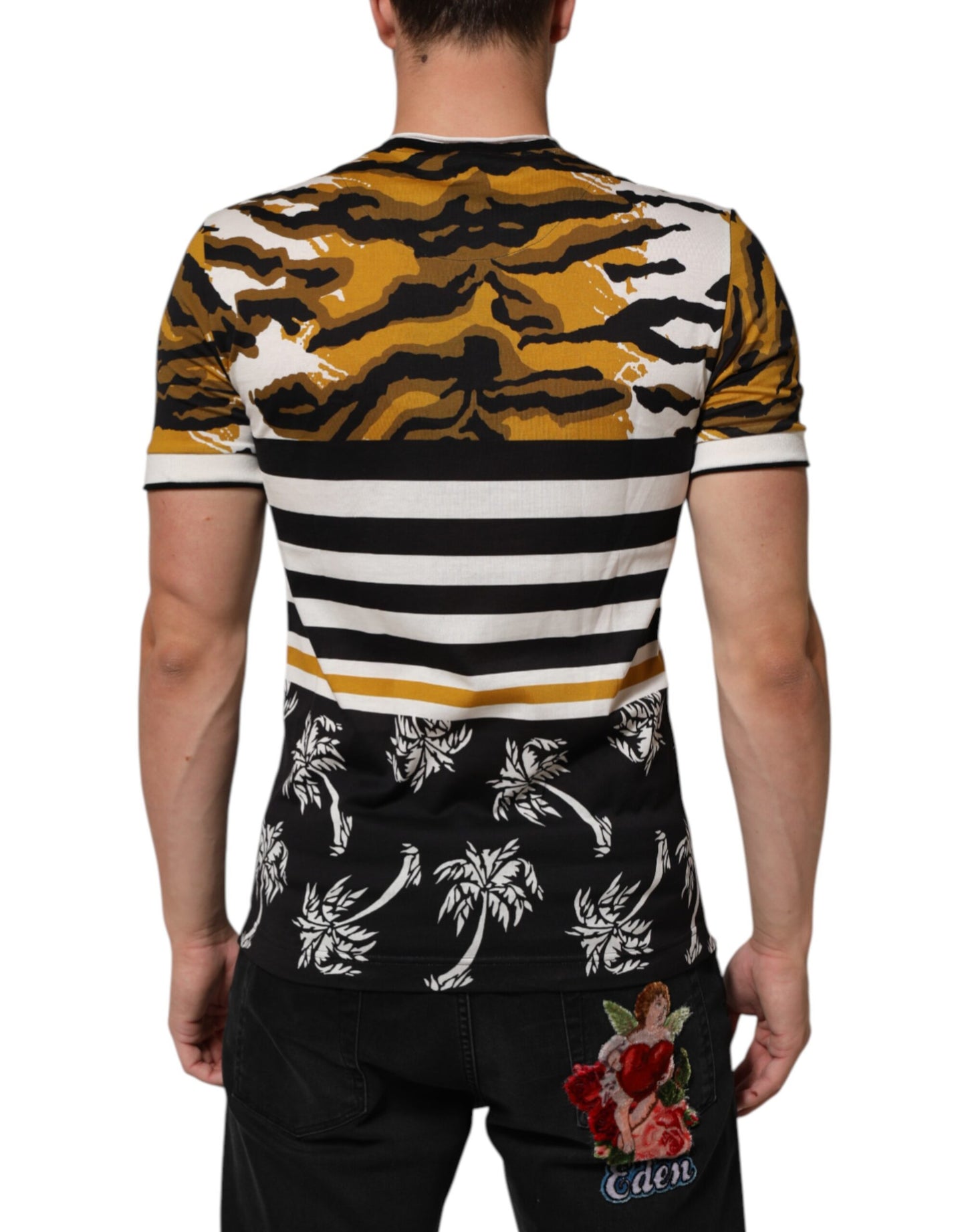 Dolce & Gabbana Flerfärgad Leopard Palm Leaf Herr T-shirt med rund hals