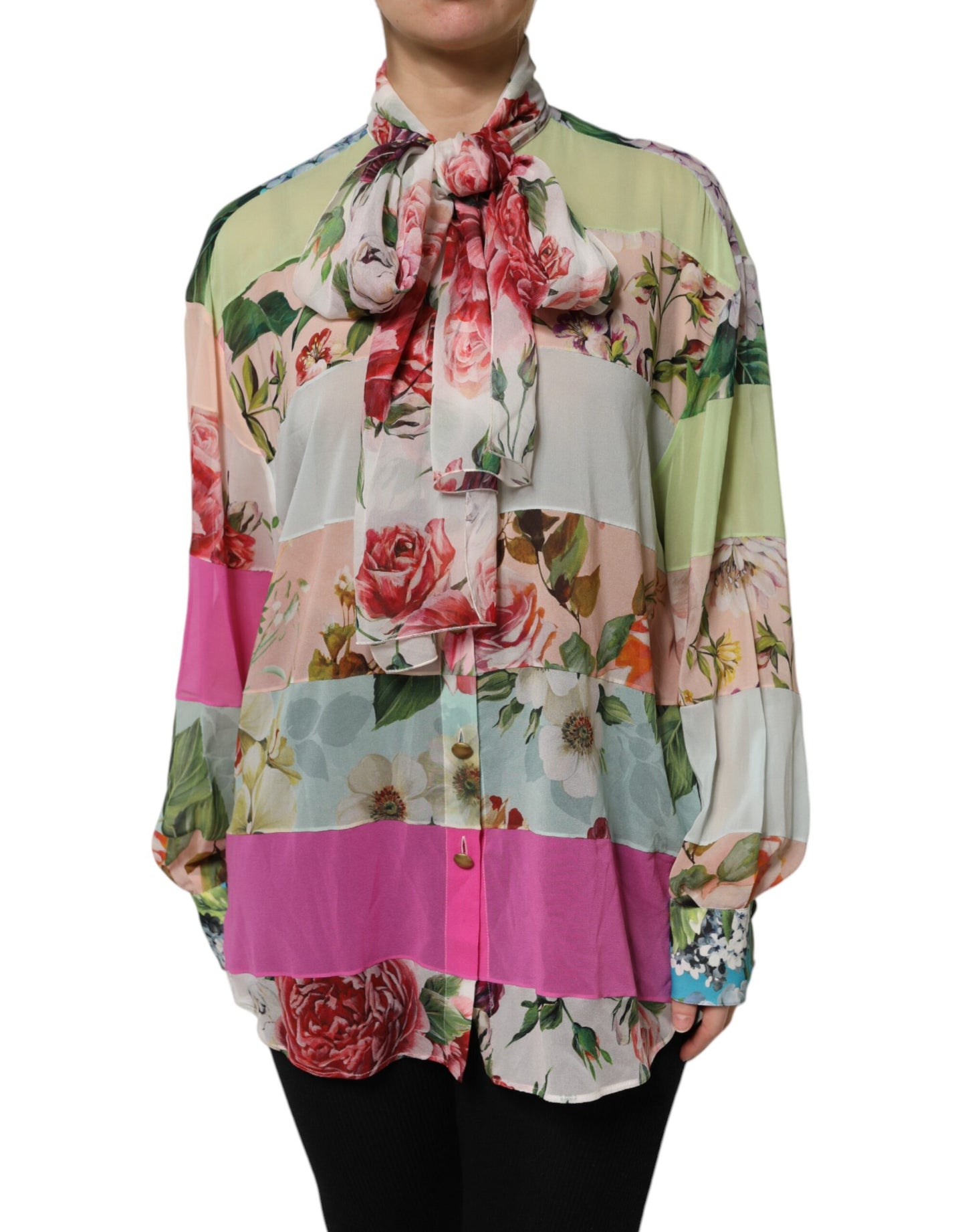 Dolce & Gabbana Flerfarget Blomsterlappetopp med Ascot-krage