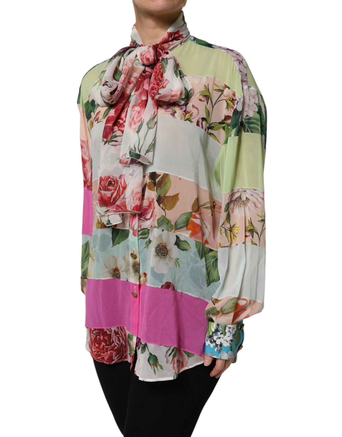 Dolce & Gabbana Flerfarget Blomsterlappetopp med Ascot-krage
