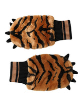 Dolce & Gabbana Brown Tiger Knitted Fur Wrist Mitten One Size Gloves