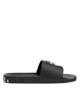 Dolce & Gabbana Black Leather Slides Sandals Beachwear Shoes