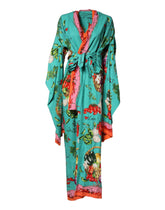 Dolce & Gabbana Green Printed Long Sleeve Wrap Coat Dress