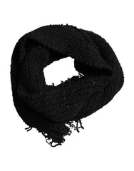 Dolce & Gabbana Black Wool Fringes Neck Wrap Foulard Scarf