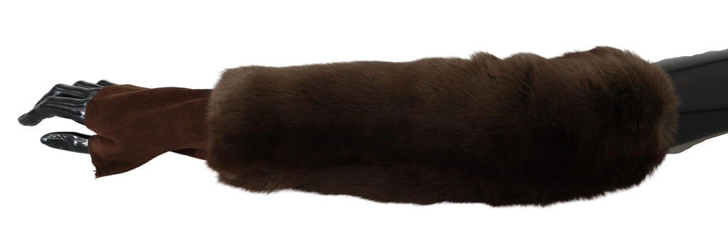 Brune fingerløse pelshansker med albuelengde