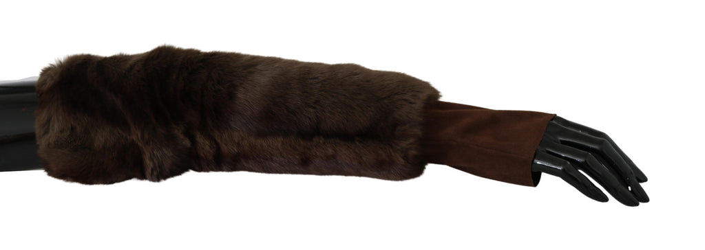 Brune fingerløse pelshansker med albuelengde