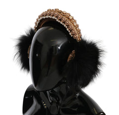 Dolce & Gabbana Gold Black Crystal Fur Headset Audio Headphones