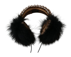 Dolce & Gabbana Gold Black Crystal Fur Headset Audio Headphones