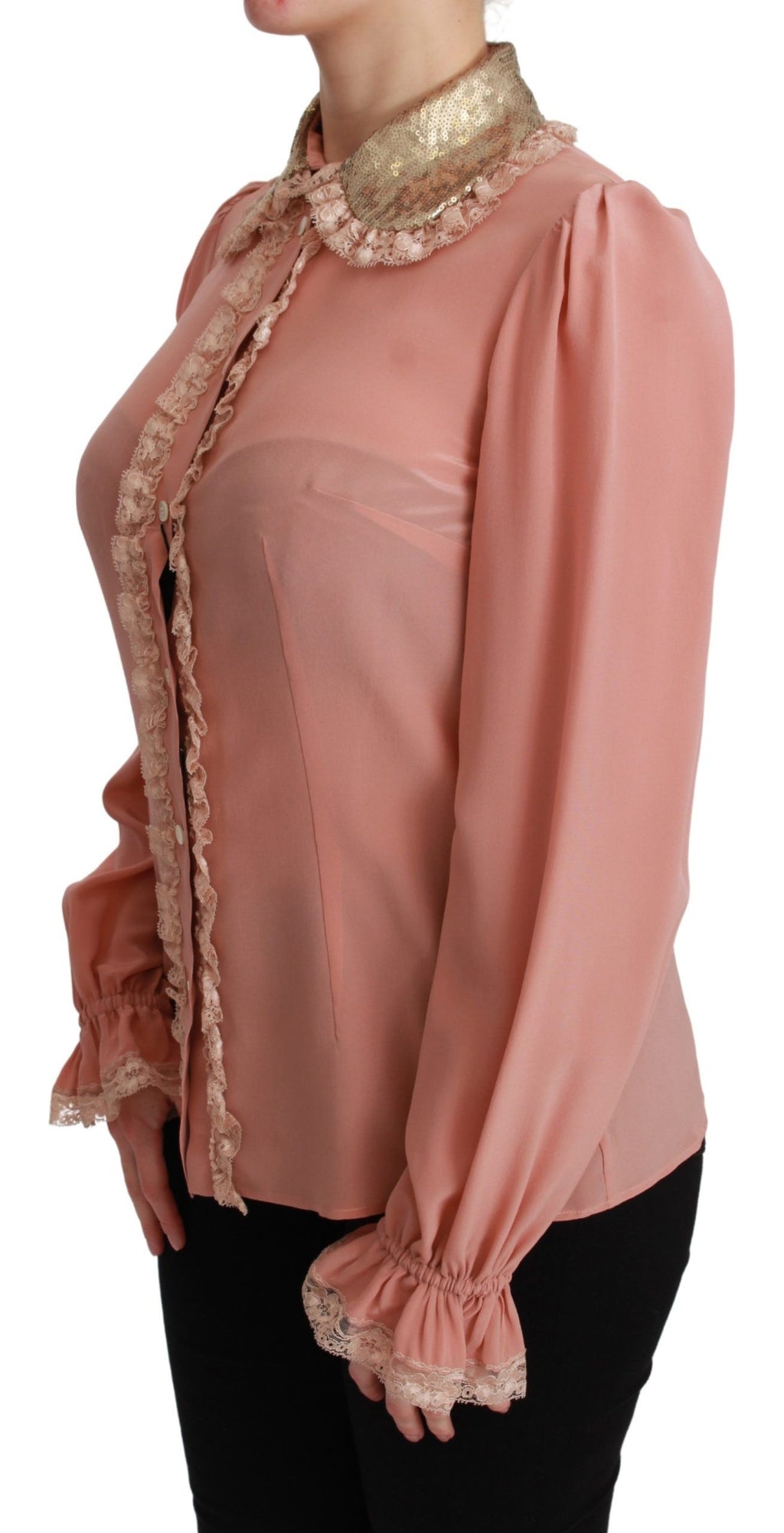 Rosa silkegull paljettblonderbluse