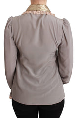 Dolce & Gabbana Gray Silk Gold Sequin Lace Blouse Shirt