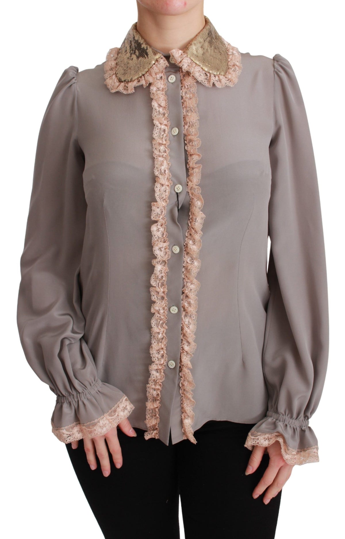 Dolce & Gabbana Gray Silk Gold Sequin Lace Blouse Shirt