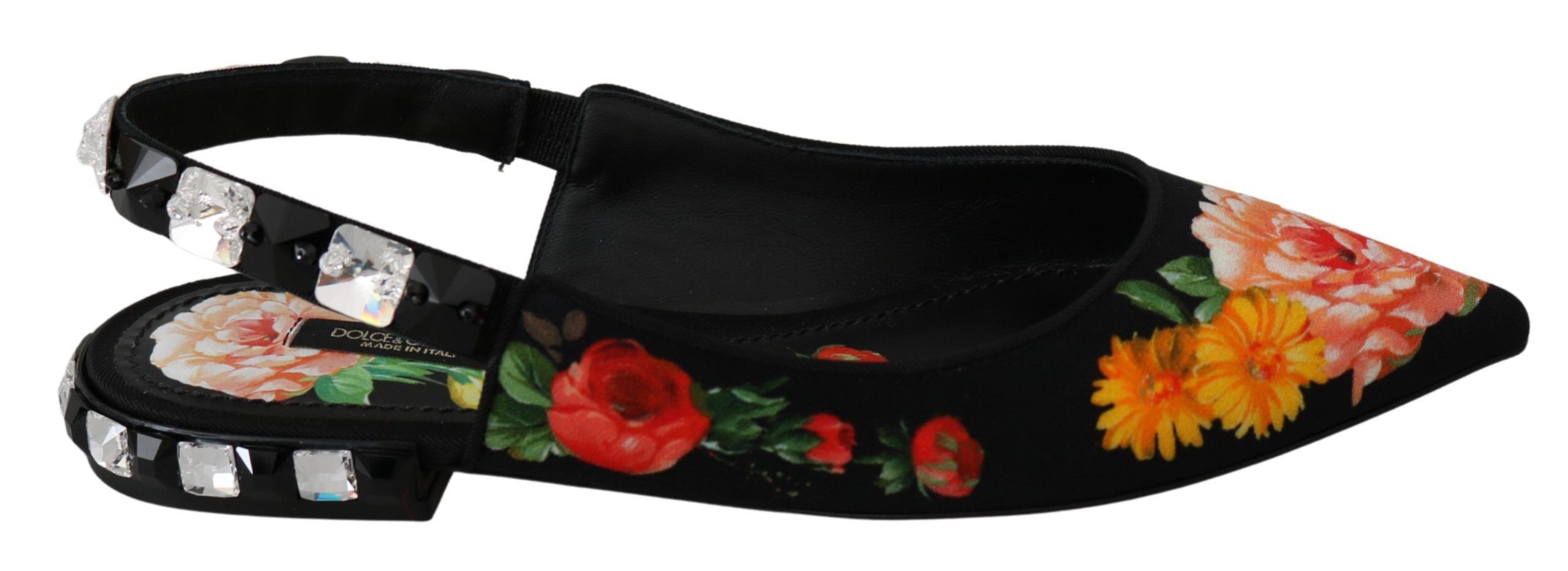 Svarta blommiga kristallslingbacks platta skor