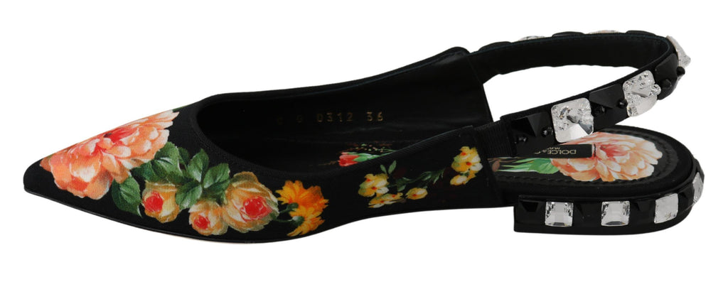 Svarta blommiga kristallslingbacks platta skor