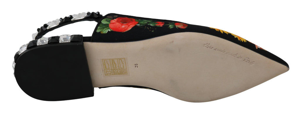 Svarta blommiga kristallslingbacks platta skor