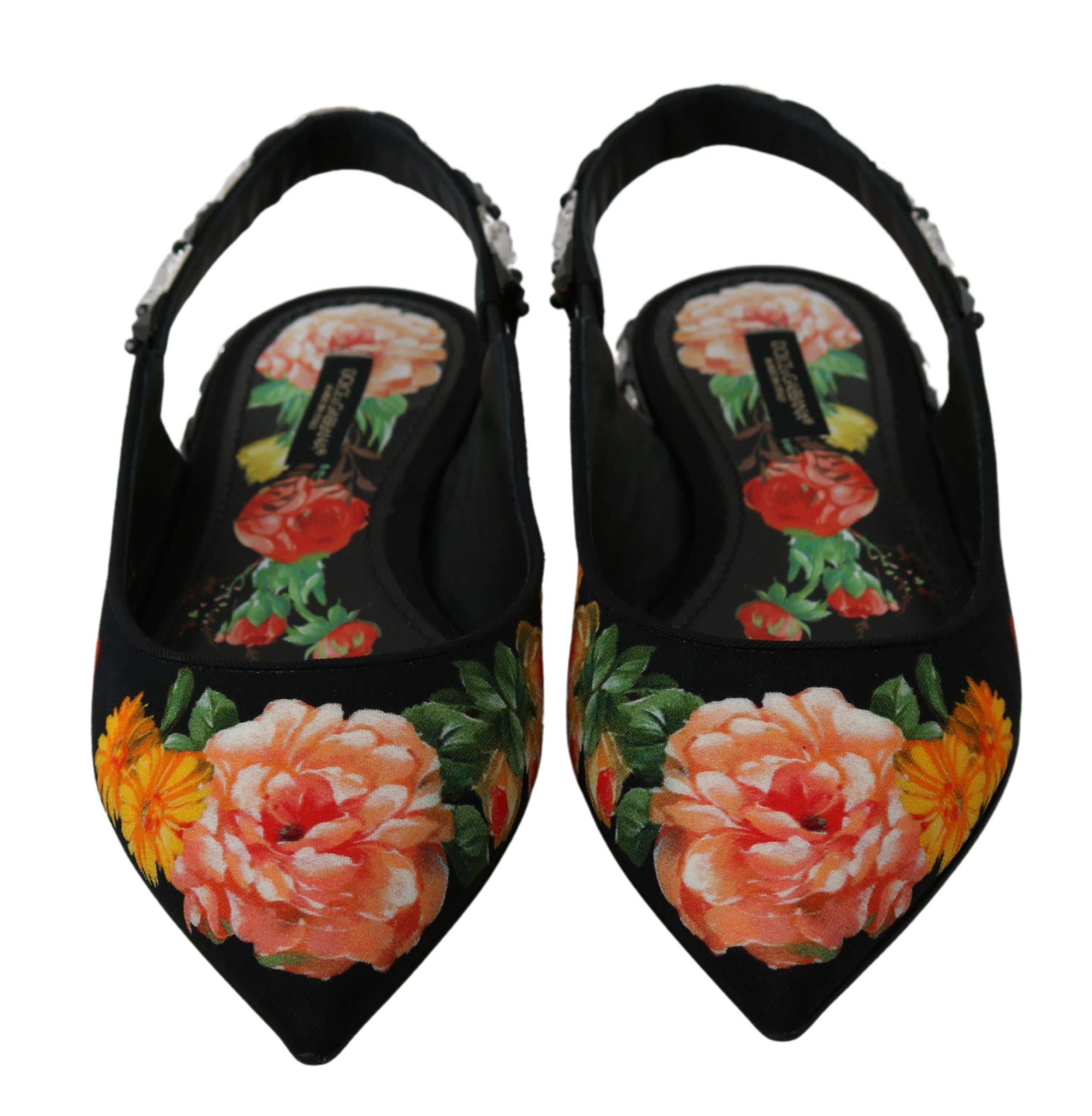 Svarta blommiga kristallslingbacks platta skor