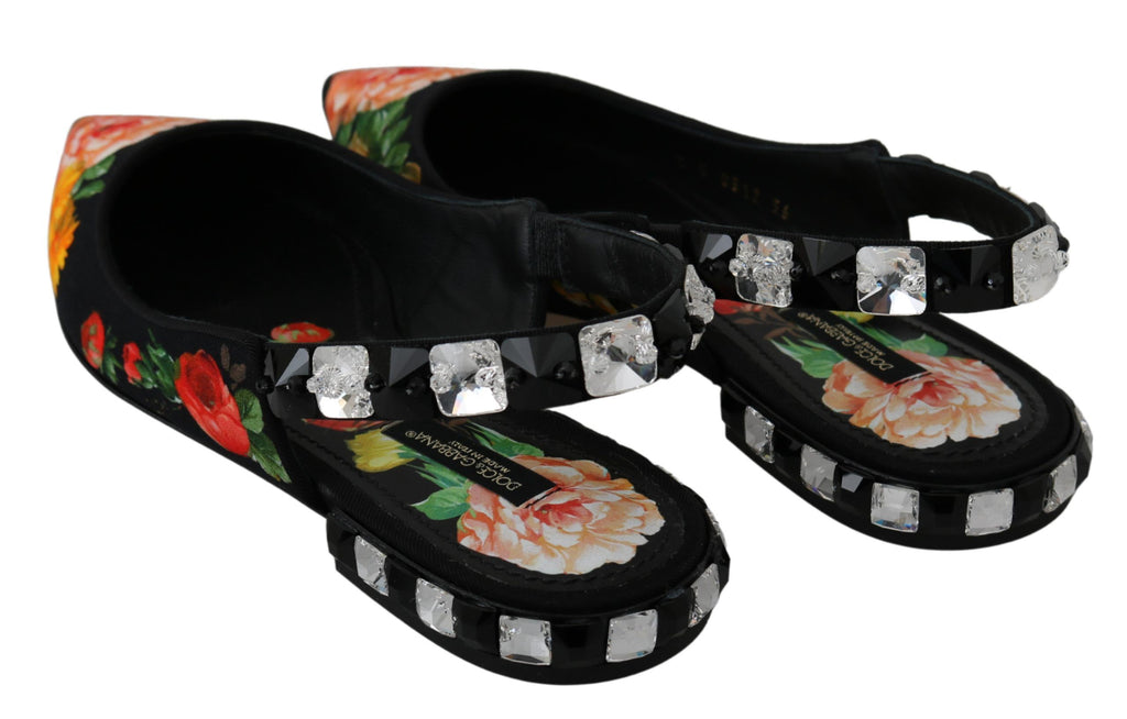 Svarta blommiga kristallslingbacks platta skor