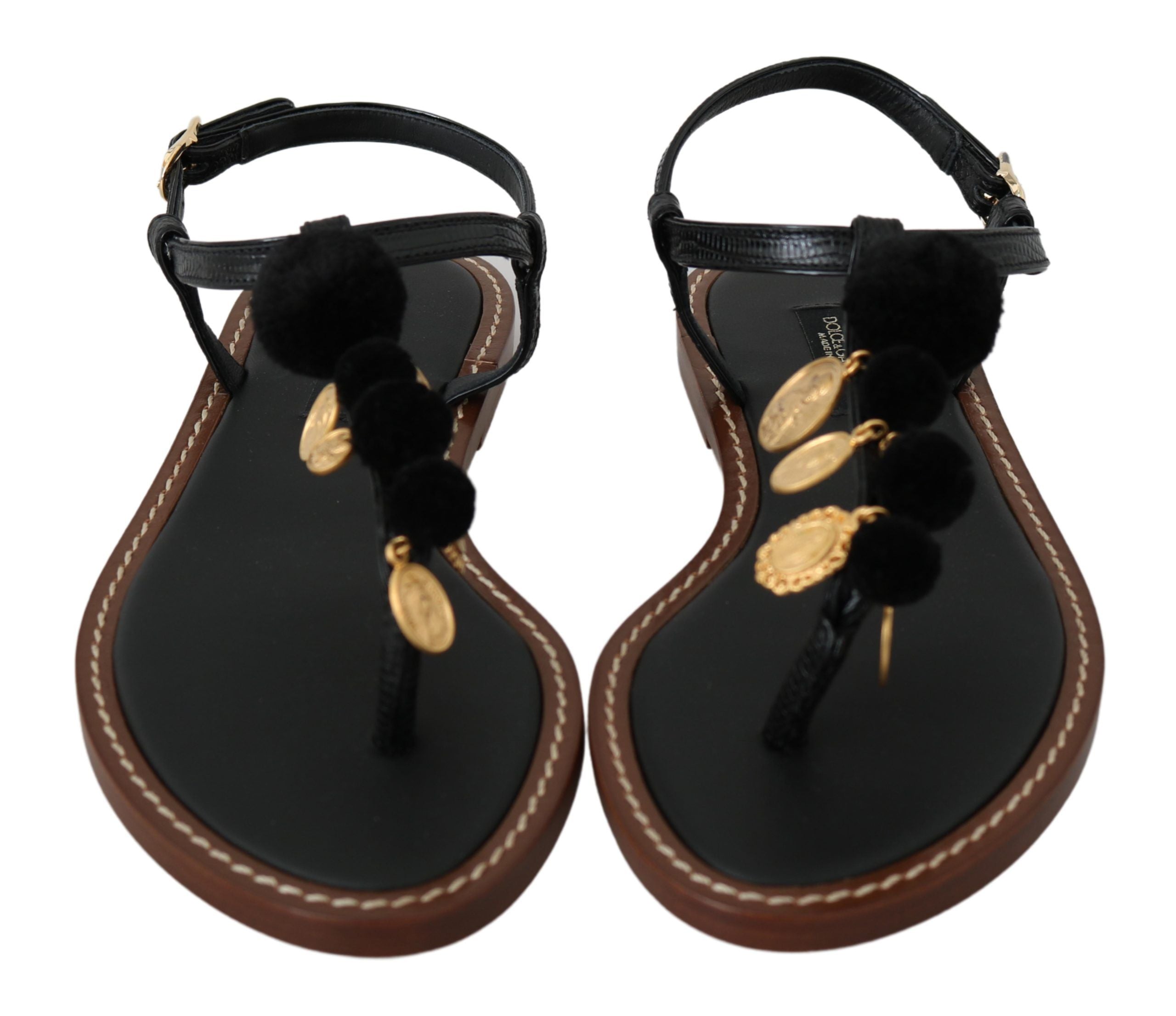 Svarta Lädermynt Flip Flops Sandaler Skor