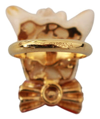Dolce & Gabbana Gold Brass Resin Beige Dog Pet Branded Accessory Ring