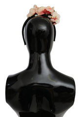 Dolce &amp; Gabbana Rosa Siden Svart Blommigt Hårband Logotyp Diadem