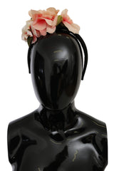 Dolce &amp; Gabbana Rosa Siden Svart Blommigt Hårband Logotyp Diadem