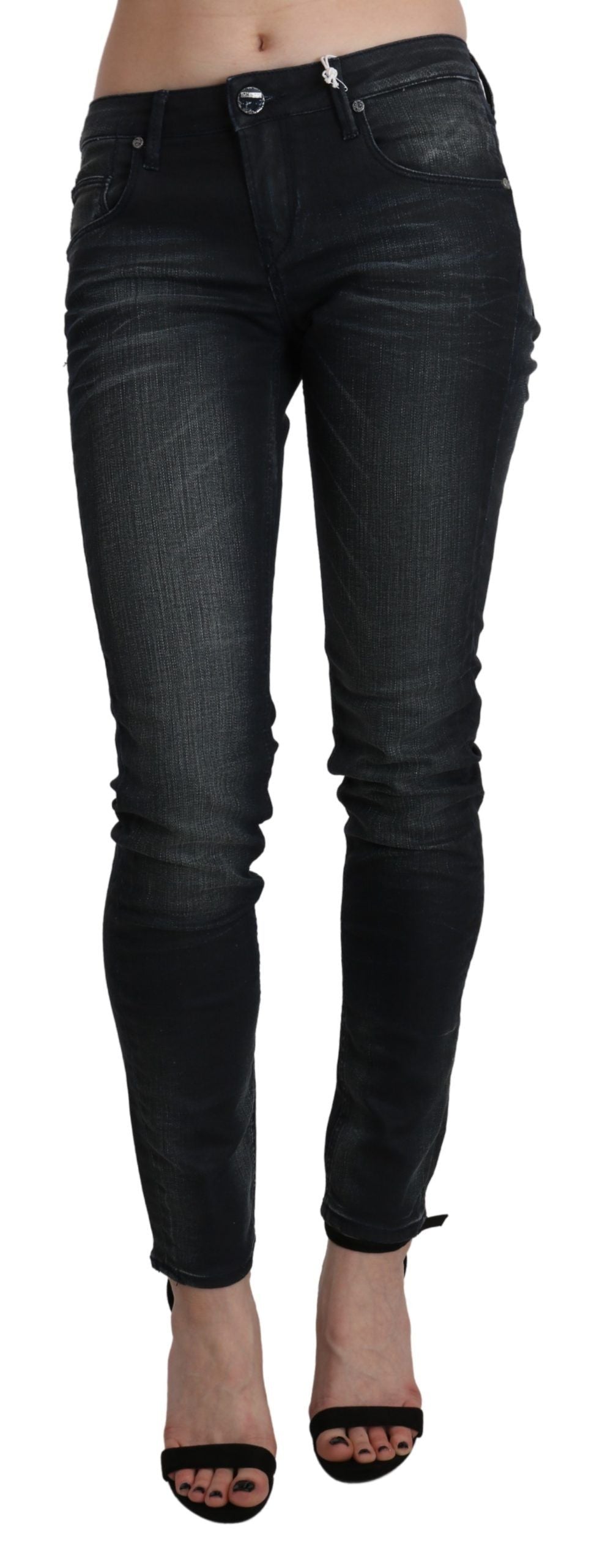Svarte, vaskede skinny denimbukser med lav midje
