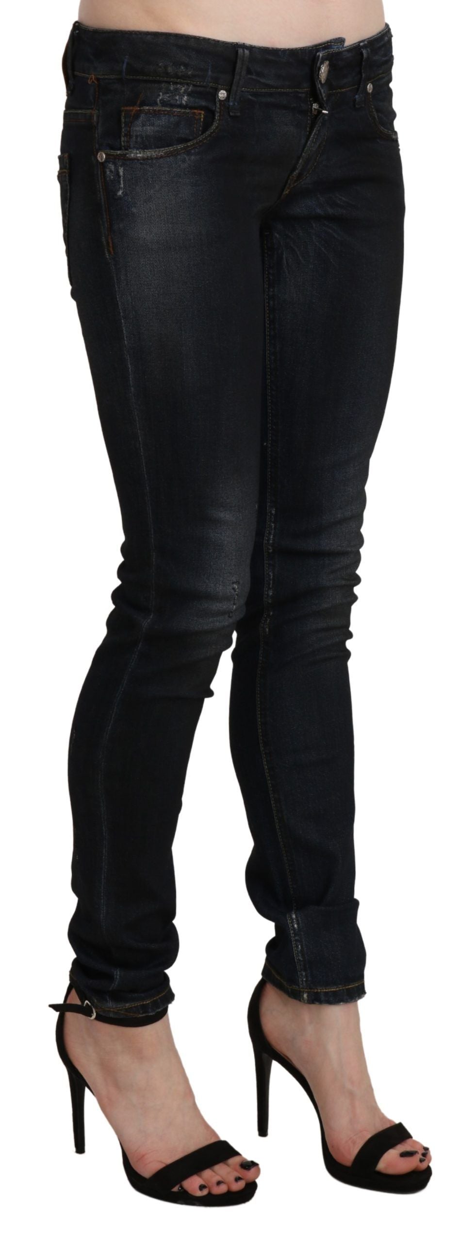 Svarte, vaskede skinny denimjeans med lav midje