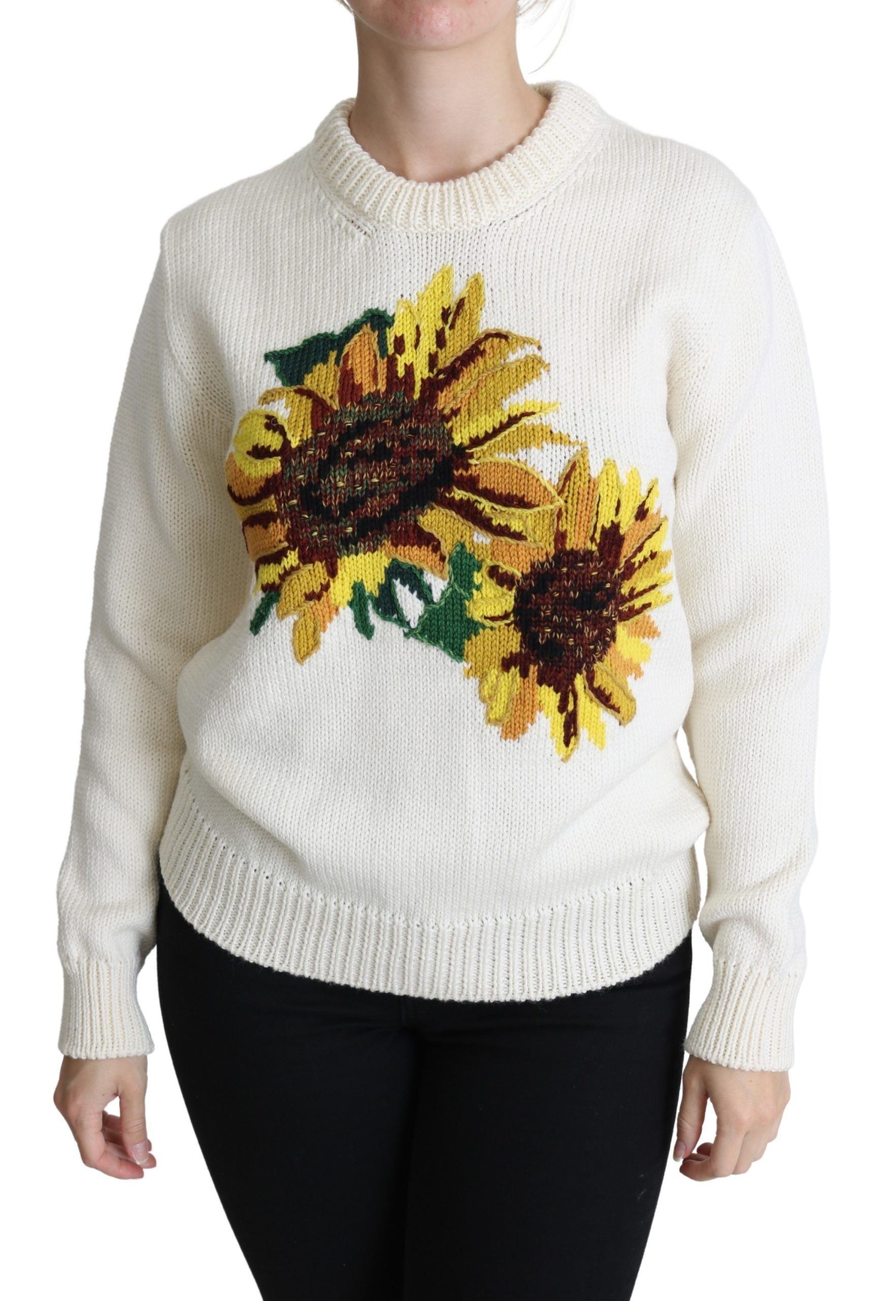 Vit blommig ulltröja med solrosmönster