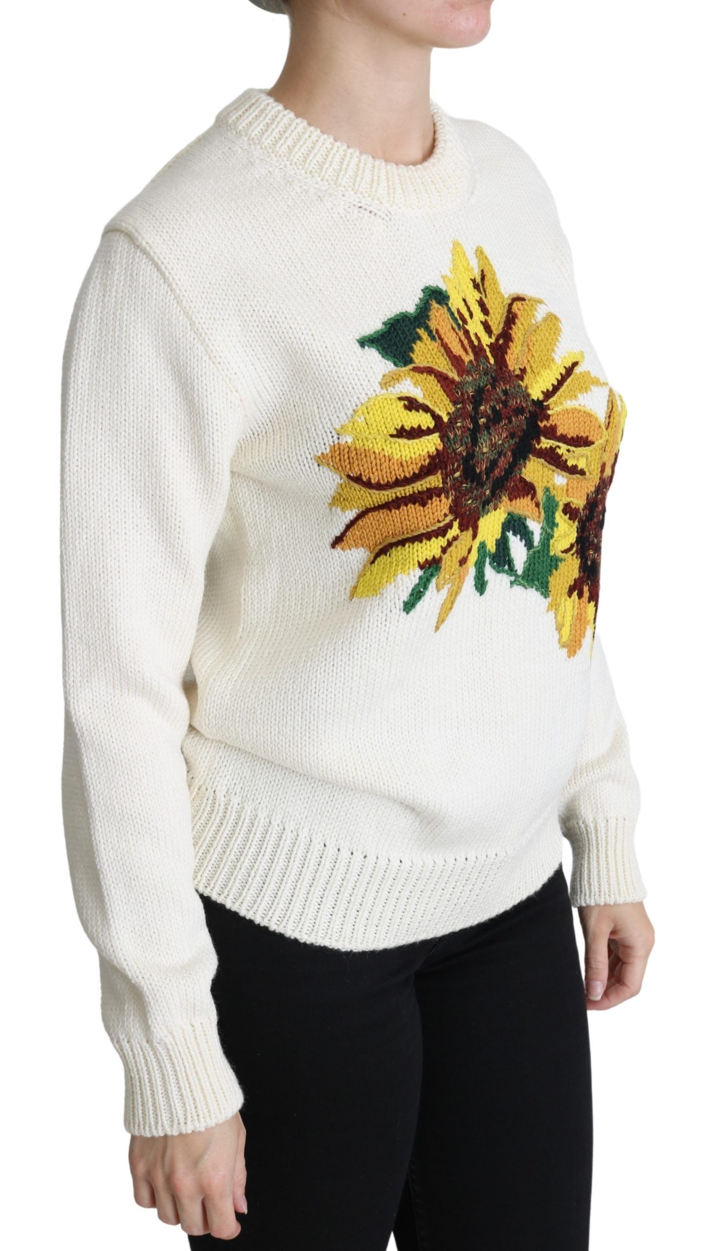 Vit blommig ulltröja med solrosmönster