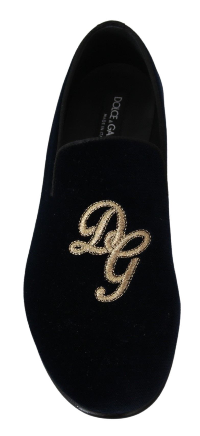 Blå sammets- och guldfärgade logotyp-toffelloafers